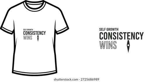 A high-quality typography t-shirt design featuring the quote "SELF GROWTH CONSISTENCY WINS" in a minimalist, typographical style, professional vector art isolated on a transparent background.