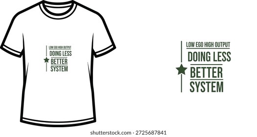 High-quality typography t-shirt design featuring the quote LOW EGO HIGH OUTPUT in a minimalist style, professional vector art isolated on a transparent background.