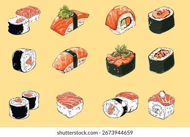 High-quality vector art collection of sushi, including salmon, nigiri, maki, and sashimi. Perfect for restaurant menus, social media, packaging, or culinary illustrations.