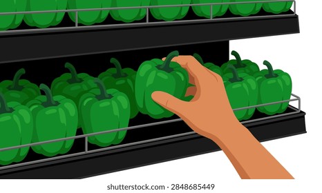 A high-quality vector artwork featuring a detailed close-up view of grocery essentials. The composition includes fresh produce like apples, carrots, and leafy greens, along with recyclable paper shopping bags, representing healthy eating, sustainable shopping, and retail commerce.