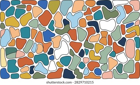A high-quality vector background featuring a colorful abstract organic pebble stone mosaic pattern with smooth, fluid shapes set against white outlines. Inspired by terrazzo stone art, river pebbles, cobblestone paving, and modern boho wall decor. Ideal for wallpaper designs, textile prints, product packaging, aesthetic web headers, and surface pattern designs.