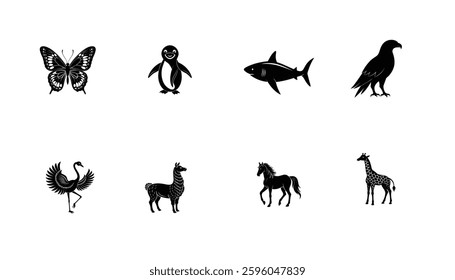 A high-quality vector bundle featuring various animal silhouettes, including birds, mammals, marine life, and farm animals. Perfect for logo design, branding, print materials, and digital projects. Av