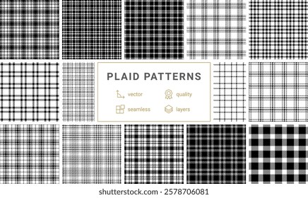 Highquality vector collection of 12 seamless black and white plaid patterns. Perfect for textile design, web backgrounds, or any project needing a classic, versatile texture.