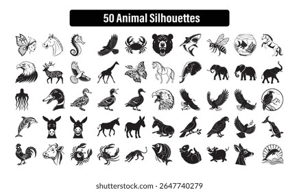 A high-quality vector collection of 50 unique animal silhouettes featuring birds, mammals, aquatic creatures, sea animals, insects, and wild species. Includes iconic shapes like eagles, horses, ducks