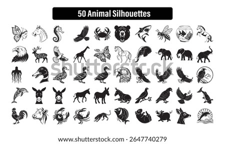 A high-quality vector collection of 50 unique animal silhouettes featuring birds, mammals, aquatic creatures, sea animals, insects, and wild species. Includes iconic shapes like eagles, horses, ducks