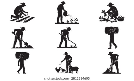 A high-quality vector collection of black silhouettes showcasing farmers engaged in various agricultural activities. This set features realistic shapes of a farmer sowing seeds, watering plants, harvesting vegetables, digging with a shovel, using a hoe, carrying hay, and feeding farm animals like chickens and sheep, isolated on a white background. Perfect for farming, organic food, and rural lifestyle designs.