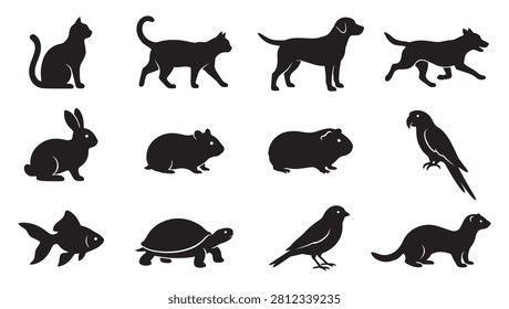A high-quality vector collection of black silhouettes representing common domestic pets. This set features realistic shapes of cats sitting and walking, dogs standing and running, a rabbit, hamster, guinea pig, parrot, goldfish, turtle, small bird, and a ferret isolated on a white background. Perfect for veterinary clinics, pet shops, animal care, and adoption designs.