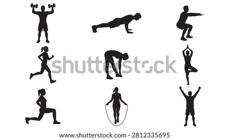 A high-quality vector collection of black silhouettes showcasing men and women performing various gym and fitness exercises. This set features realistic shapes of bodyweight squats, pushups, dumbbell lifts, lunges, running, stretching, yoga tree pose, skipping rope, and celebration, isolated on a white background. Perfect for health, wellness, and training designs.