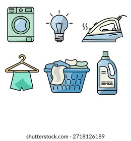 Una colección de Vector de alta calidad de iconos de lavandería y hogar con una lavadora, plancha de vapor, bombilla, canasta de lavandería, botella de detergente y ropa en una percha en un estilo plano limpio.