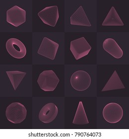 High-quality vector collection of low-poly renders of platonic solid, polygonal shapes basic figures. Three-dimensional illustration set of abstract transparent objects. Isolated on color background.