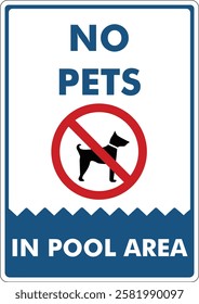 High-quality vector design of a No pet an animal allowed in the swimming pool area forbidden signage – Vector EPS 10. Includes clear easy-to-read icons and bold typography.