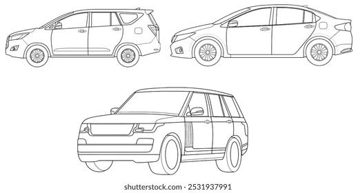 Dibujos de Vector de alta calidad de diferentes tipos de automóviles: SUV compacto, sedán familiar y Premium SUV - Ideal para manuales técnicos, entusiastas de automóviles y diseñadores gráficos