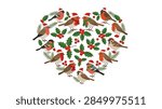 A high-quality vector graphic featuring a charming group of small birds, such as robins and sparrows, dressed in holiday attire. They are wearing miniature red Santa hats and knitted scarves. The composition includes seasonal elements like holly berries and evergreen branches, suitable for winter holiday decorations and festive branding.