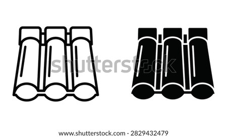 A high-quality vector graphic of a pair of binoculars designed for observation bird watching or surveillance. This set includes both outline and solid silhouette versions perfect for travel adventure or security-themed projects.