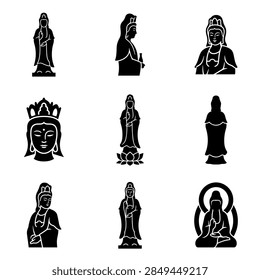 A high-quality vector graphic representing the iconic Kun Iam Statue, also known as the Goddess of Mercy, located in Macau. This landmark is depicted with its distinctive lotus-shaped base and elegant bronze silhouette, symbolizing peace and compassion in the Outer Harbor waterfront area.