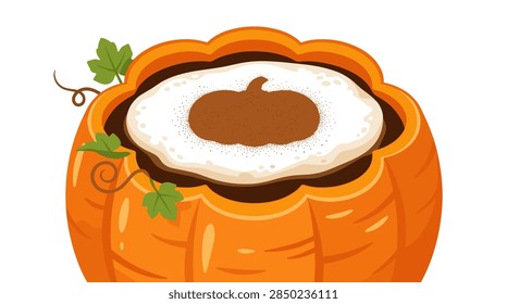 A high-quality vector graphic showing a top-down close-up view of a cozy pumpkin spice beverage. The drink is uniquely served in a carved orange pumpkin instead of a mug. The top of the coffee is covered in thick white milk foam, featuring a decorative pumpkin silhouette made from sprinkled cinnamon or cocoa powder. Small green leaves and delicate brown vine tendrils sprout from the sides of the pumpkin bowl against a clean white background.
