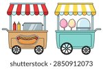 A high-quality vector graphic showing two different street food vending carts. The left cart is a hot dog stand with a red and white striped awning, condiment bottles, and a large hot dog decal. The right cart is a cotton candy machine cart with a yellow and white striped awning, featuring pink and yellow spun sugar treats and a clear protective dome. Both carts have large black spoked wheels and handles for transport, set against a plain white background.