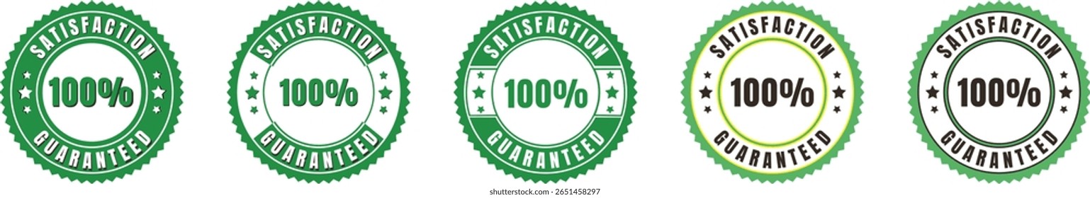 High-quality vector graphics featuring various green 100 percent satisfaction guaranteed seals. Perfect for promoting quality, customer service, and positive feedback across business promotions.