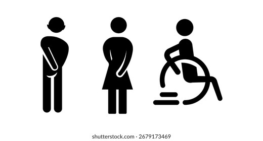 High-quality vector graphics of restroom icons depicting male, female, and wheelchair-accessible toilet symbols. Ideal for signage, websites, and public spaces. Perfect for design projects requiri...