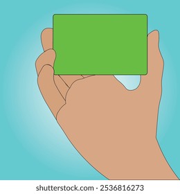 Vector de alta calidad de una mano que sostiene una tarjeta verde en blanco sobre un fondo azul. Perfecto para conceptos de negocios, invitaciones, anuncios y diseños promocionales. EPS de Vector editable disponible