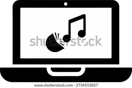 High-quality vector icon depicting a laptop displaying a musical note and sound waves, symbolizing digital music, online streaming, media consumption, and audio technology. Perfect for apps, websites, presentations, and graphic design related to entertainment or computing. Minimalist black silhouette design.