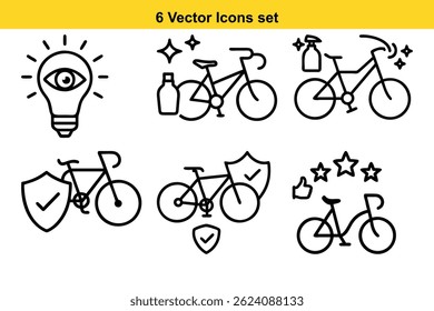 High-quality vector icons depicting bicycle maintenance, cleaning, safety, and customer reviews. Ideal for various design projects.