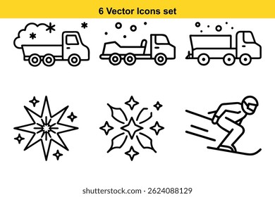 Iconos vectoriales de alta calidad que representan camiones de remoción de nieve, fuegos artificiales brillantes y un esquiador cuesta abajo, perfecto para diseños y Sitios web con temática invernal.