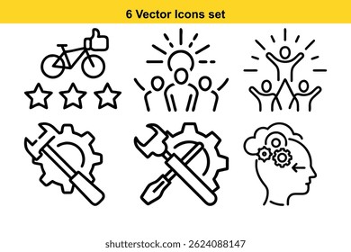 High-quality vector icons set depicting bicycle rating, successful teamwork, idea generation, and repair mechanisms. Perfect for website design or app development.