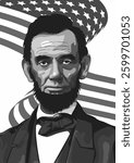 A high-quality vector illustration of Abraham Lincoln, the 16th President of the United States in monochrome style.Perfect for editorial use, educational content, posters patriotic projects