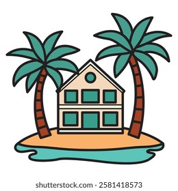 A high-quality vector illustration of a beach house surrounded by tall palm trees. 