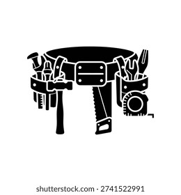 High-quality vector illustration of a black leather tool belt filled with various tools, perfect for construction, DIY, and work-related projects.