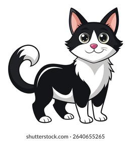 A high-quality vector illustration of a black and white cat with a minimalist style, placed on a clean white background.Perfect for use in pet-related designs, animal-themed projects,t-shirts designs.