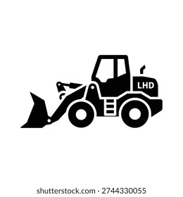High-quality vector illustration of a black and white construction loader labeled LHD, isolated on a clean white background, ideal for industrial and commercial projects.