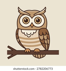 A high-quality vector illustration of a brown wise owl perching on a tree branch. Designed in a clean flat cartoon style with big eyes and bold outlines on a warm cream background. Perfect for children's books, school educational materials, nursery decor, and cute bird icons