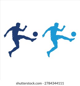 High-quality vector illustration bundle featuring two dynamic variations of a professional football or soccer player silhouette capturing an athletic mid-air volley kick or ball juggling