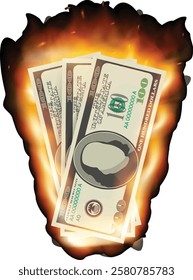 High-quality vector illustration of a burning dollar, featuring realistic flames. Ideal for themes like inflation, financial crisis, and economic loss.