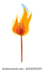 High-quality vector illustration of a burning matchstick with vivid, dynamic flames in yellow, orange, and blue