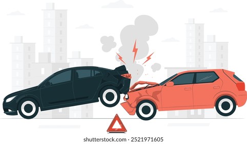 Ilustración vectorial de alta calidad de un accidente automovilístico, mostrando una colisión entre dos vehículos con detalles de daños realistas. Perfecto para seguros, campañas de seguridad, informes de accidentes.