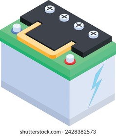 A high-quality vector illustration of a car battery in isometric view. Ideal for automotive websites and presentations.