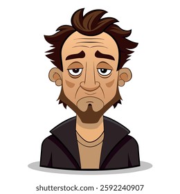 High-quality vector illustration of a cartoon man with a thoughtful expression, featuring a large nose and prominent ears, dressed in a green collared shirt and a brown jacket