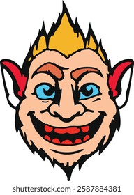 A high-quality vector illustration of a cartoon troll face with a mischievous grin, sharp teeth, and vibrant colors. The design features exaggerated facial expressions, blue eyes, red ears, and spiky 