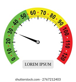 A high-quality vector illustration of a circular performance gauge or speedometer showing a scale from 0 to 120 with color-coded safety, warning, and danger zones, isolated on a white background for versatile commercial use.