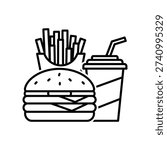 High-quality vector illustration of a classic fast food meal featuring a juicy burger, crispy fries, and a refreshing drink, perfect for advertisements and commercial designs.
