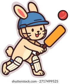 Una Ilustración vectorial de alta calidad de un lindo conejo de dibujos animados vestido con equipo de cricket, que incluye un casco y almohadillas para las piernas, balanceando un bate de cricket en una pelota. Este divertido diseño de personajes de animales es perfecto para proyectos de temática deportiva, libros infantiles, pegatinas y gráficos relacionados con la escuela. El diseño presenta líneas limpias y una estética agradable sobre un fondo blanco