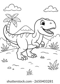 High-quality vector illustration of a cute, smiling dinosaur with a spiky back, surrounded by palm trees, bushes, and clouds. Ideal for coloring books, kids' storybooks, educational games, greeting ca