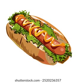 High-quality vector illustration of a delicious hotdog topped with mustard. For food-related designs, restaurant menus, advertisements, and more. The clean, detailed design 