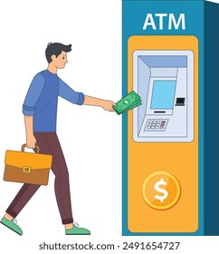 High-quality vector illustration depicting a businessman withdrawing cash from an ATM.