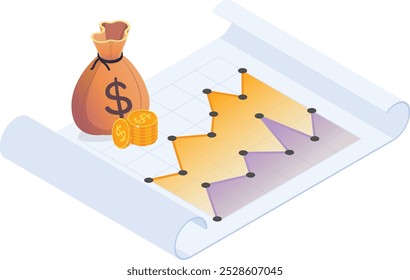 Uma ilustração vetorial de alta qualidade que representa um gráfico de crescimento financeiro com um saco de dinheiro e moedas, simbolizando riqueza, lucro, sucesso de investimento e desempenho financeiro.