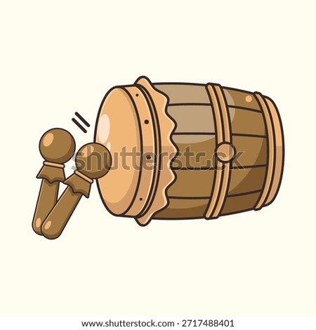High-quality vector illustration depicting a traditional Beduk drum being hit with a wooden stick. This iconic percussion instrument is culturally significant in Southeast Asia, particularly Indonesia and Malaysia,