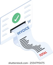 High-quality vector illustration of a digital invoice receipt being printed from a computer screen. The design features clear typography with 'INVOICE' and 'TOTAL' prominently displayed.